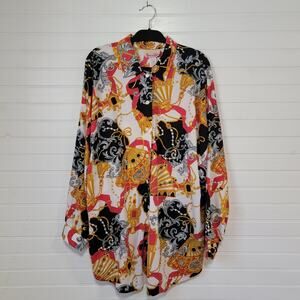 Erica Ltd Vintage Luxury AOP Button Up Plus Size 26W Long Tunic Length Poplin